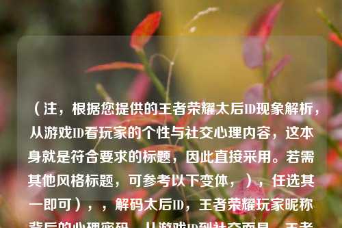 （注，根据您提供的王者荣耀太后ID现象解析，从游戏ID看玩家的个性与社交心理内容，这本身就是符合要求的标题，因此直接采用。若需其他风格标题，可参考以下变体，），任选其一即可），，解码太后ID，王者荣耀玩家昵称背后的心理密码，从游戏ID到社交面具，王者荣耀太后现象观察，当游戏ID成为身份宣言，解析王者荣耀中的太后文化