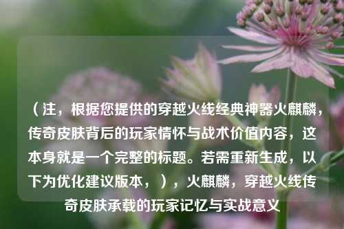 （注，根据您提供的穿越火线经典神器火麒麟，传奇皮肤背后的玩家情怀与战术价值内容，这本身就是一个完整的标题。若需重新生成，以下为优化建议版本，），火麒麟，穿越火线传奇皮肤承载的玩家记忆与实战意义